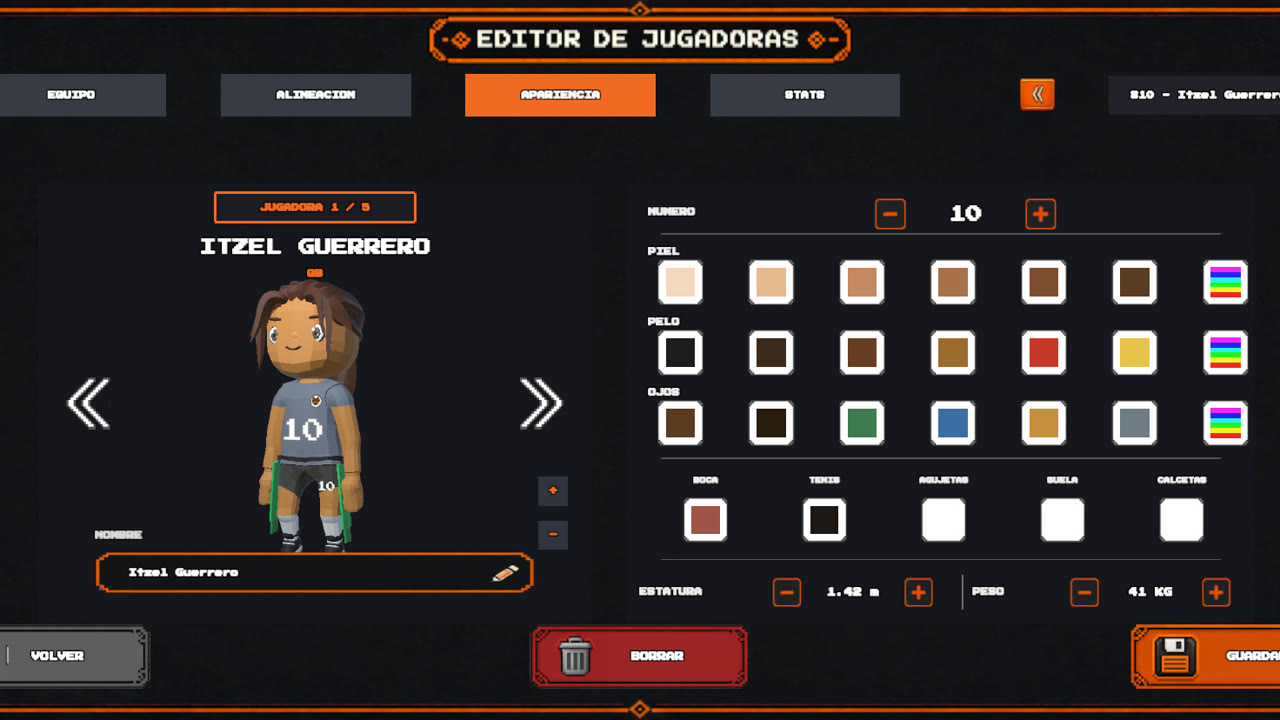 El editor de equipo con la jugadora modelando su uniforme